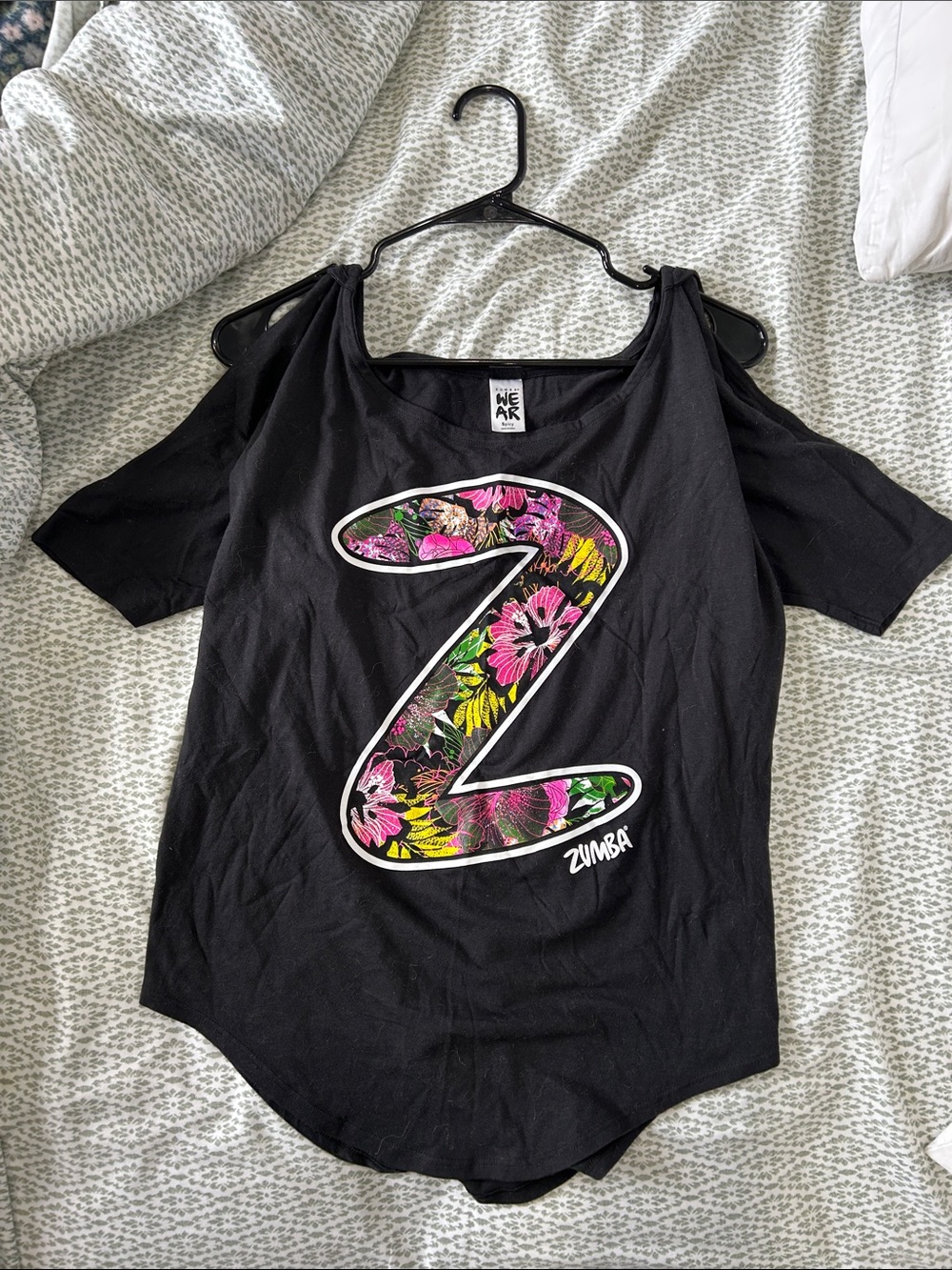 Zumba Fitness Black Cold-Shoulder Tee with Floral Z Logo